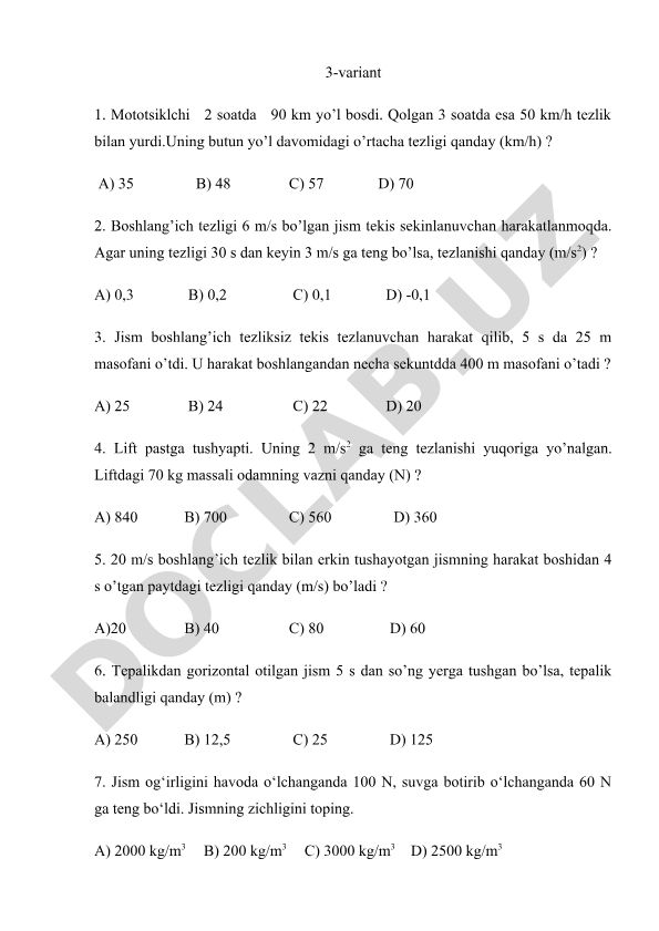 Fizika masalalari to'plami: tezlik, tezlanish va og'irlik