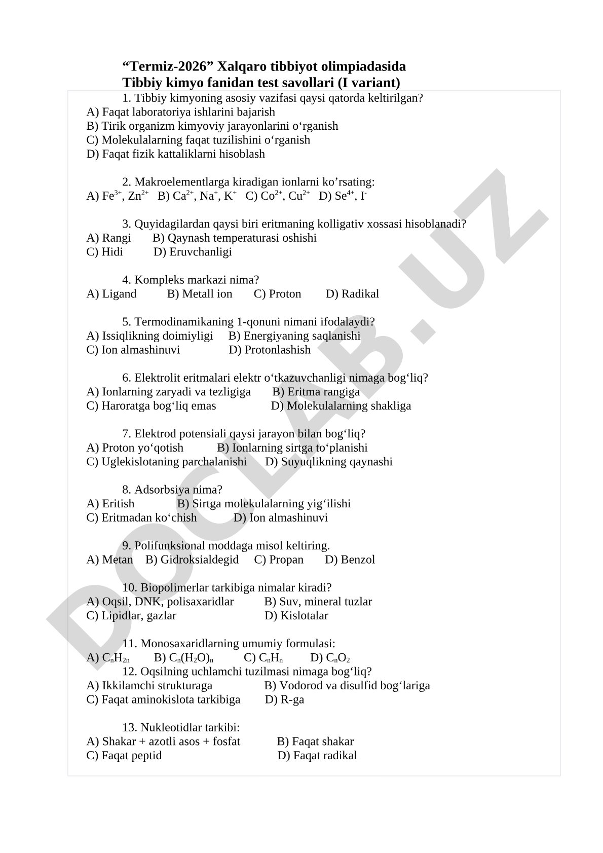 Termiz-2026 Xalqaro tibbiyot olimpiadasida Tibbiy kimyo fanidan test savollari