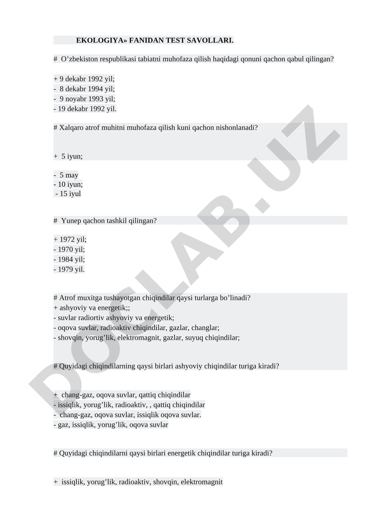Ekologiya fanidan test savollari