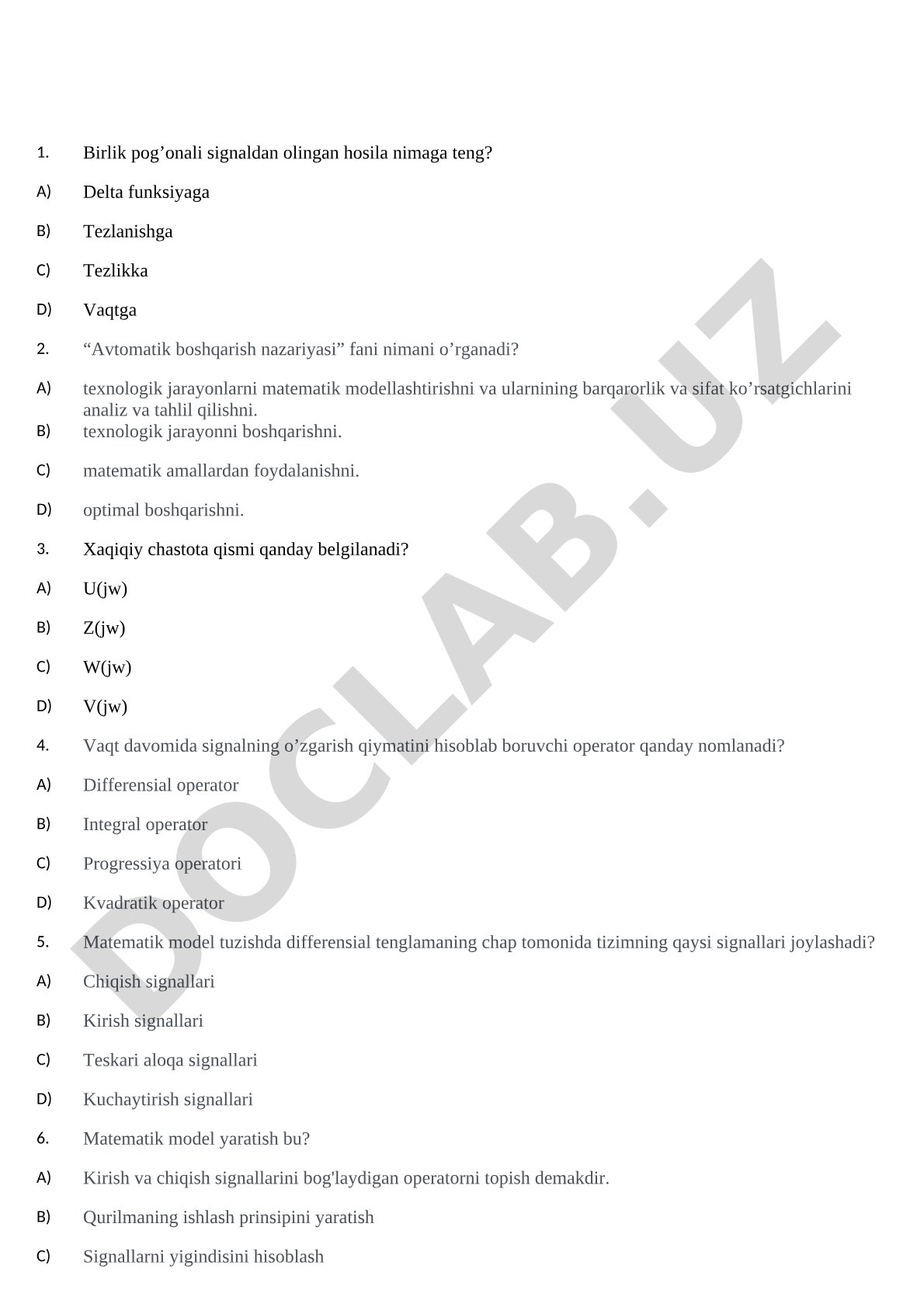 Avtomatik boshqarish nazariyasi test savollari
