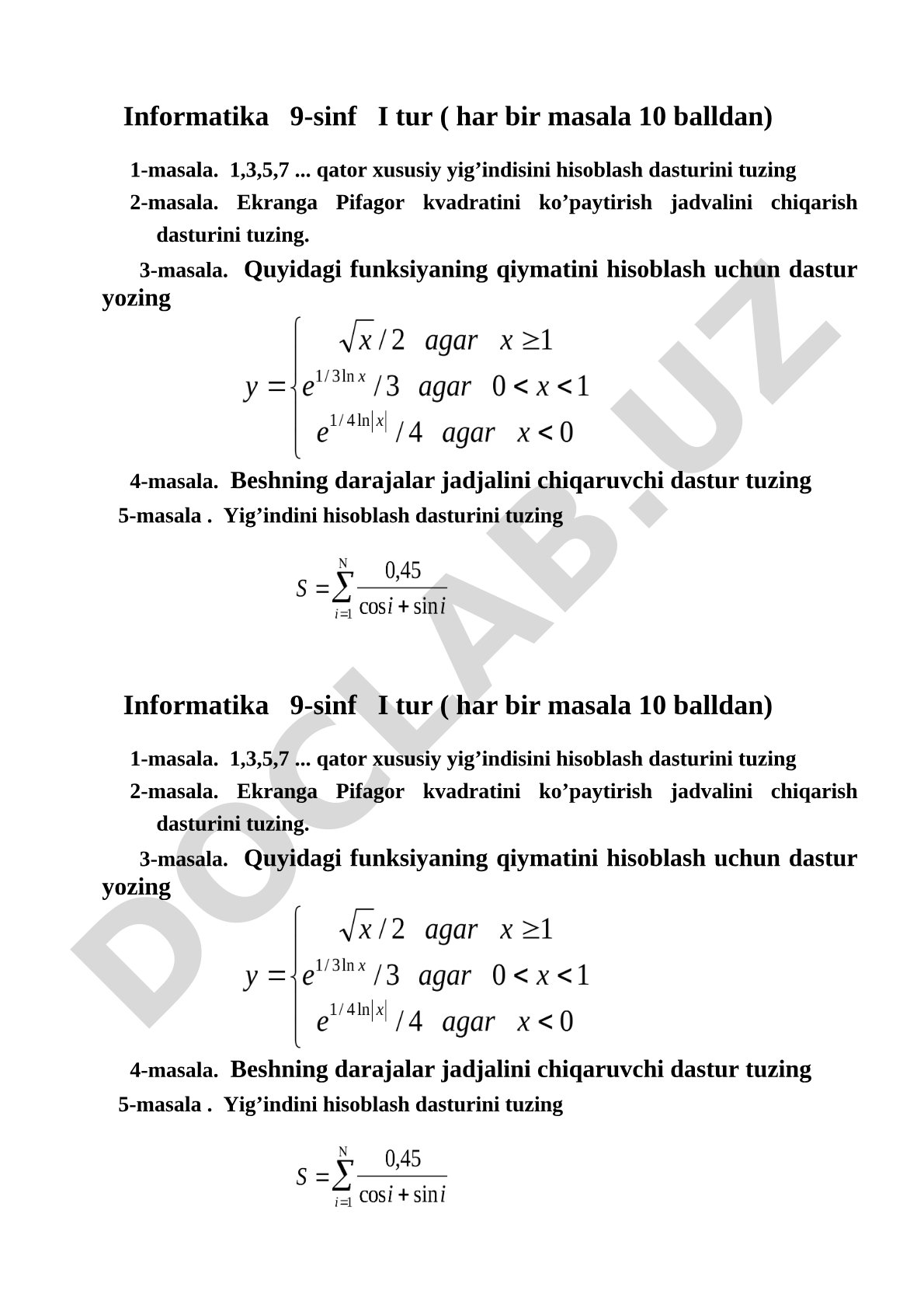 Informatika 9-sinf I tur dasturlash masalalari