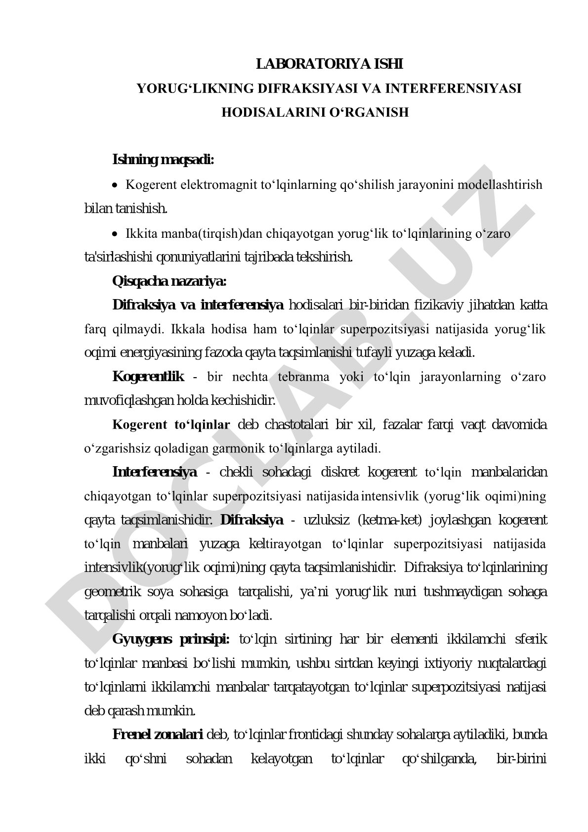 Yorug‘likning difraksiyasi va interferensiyasi hodisalarini o‘rganish