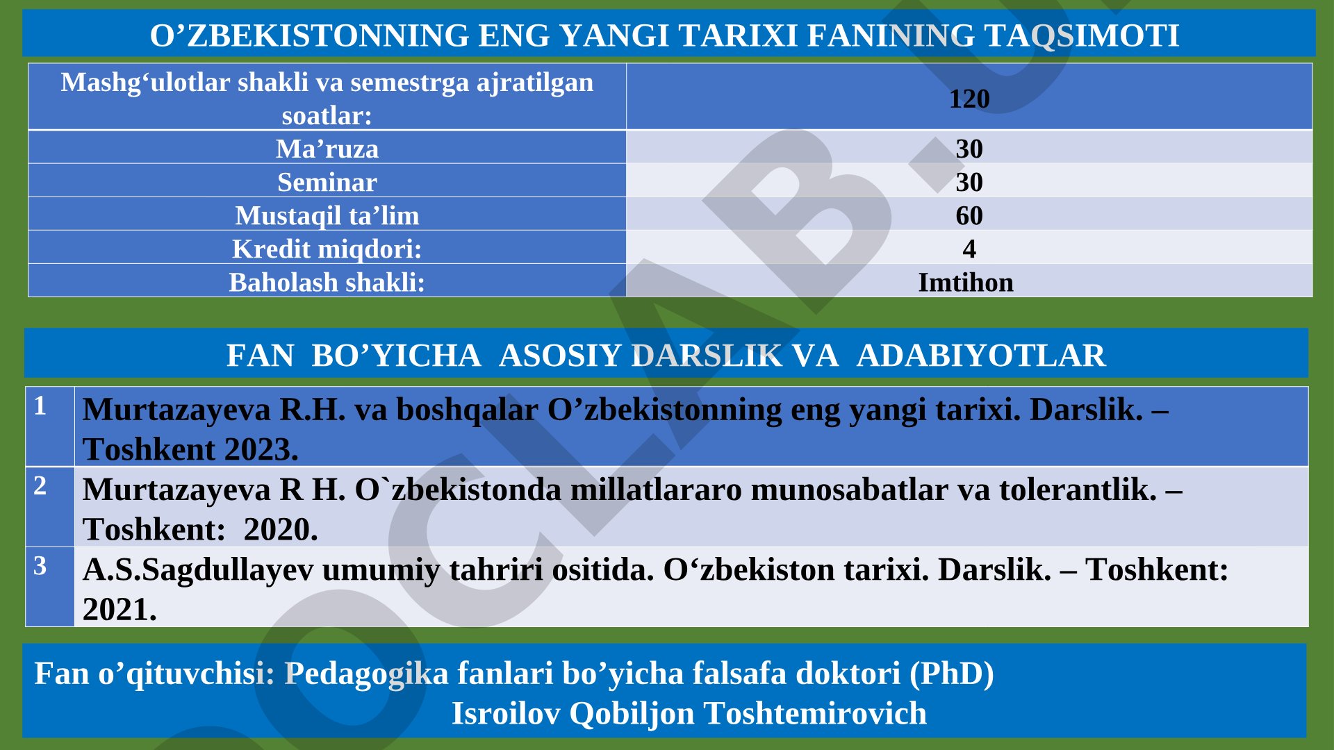 O’zbekistonning eng yangi tarixi fanining predmeti, maqsad vazifalari, nazariy-metodik tamoyillari