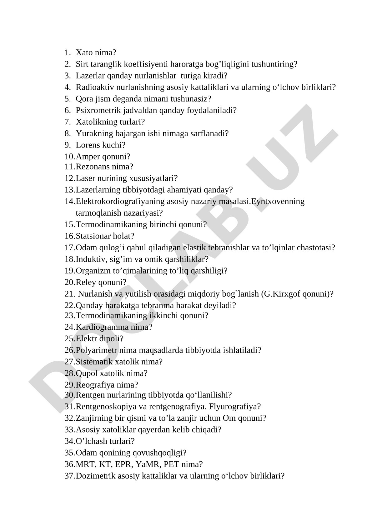 Tibbiy fizika savollari