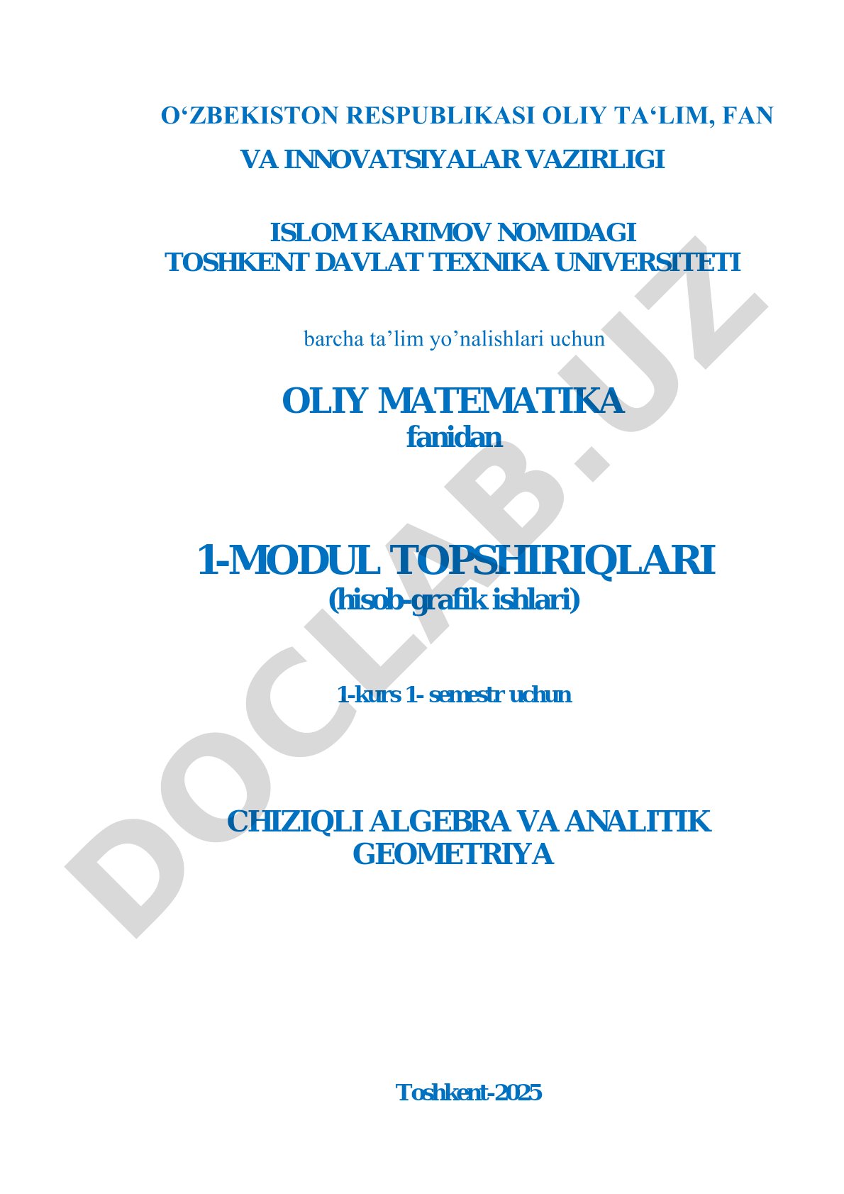 Chiziqli algebra va analitik geometriya fanidan 1-modul topshiriqlari