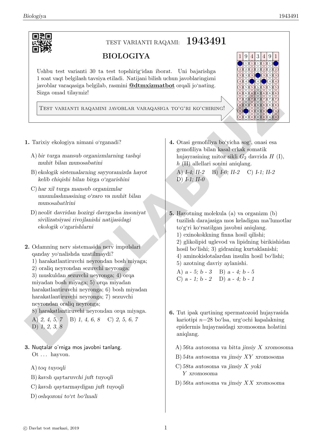 Biologiya test varianti