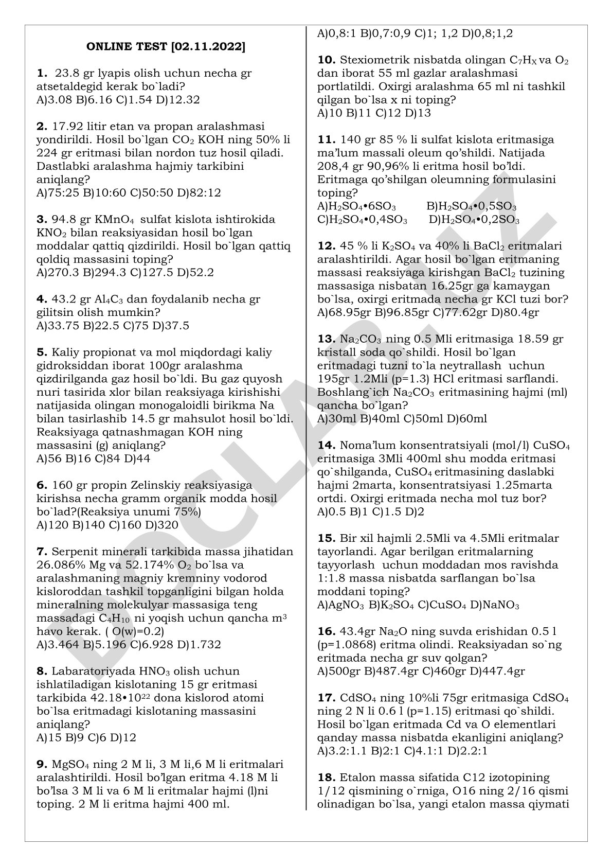 Kimyo fanidan online test
