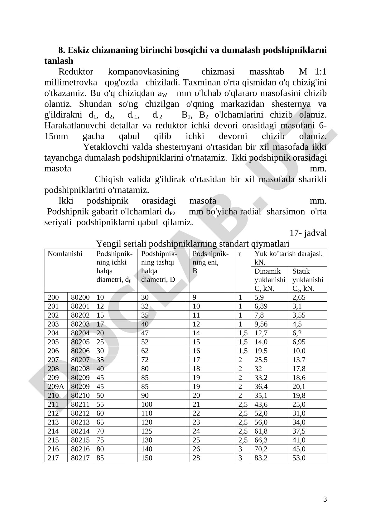 Eskiz chizmaning birinchi bosqichi va dumalash podshipniklarni tanlash