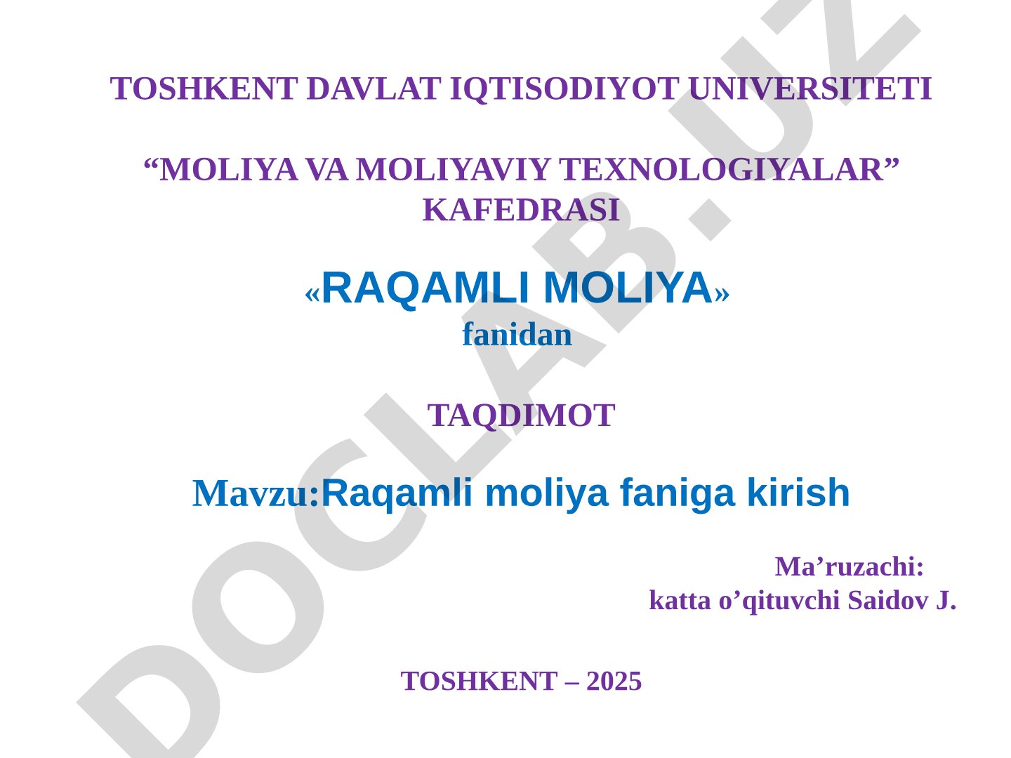 Raqamli moliya faniga kirish