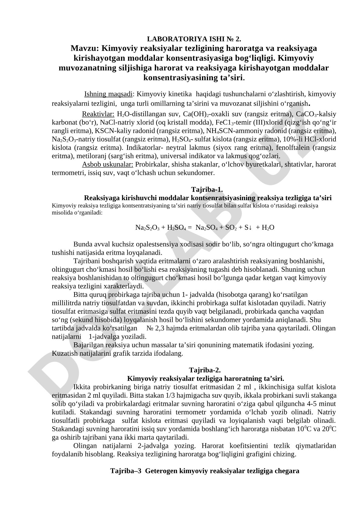 Kimyoviy reaksiyalar tezligining haroratga va reaksiyaga kirishayotgan moddalar konsentratsiyasiga bog'liqligi