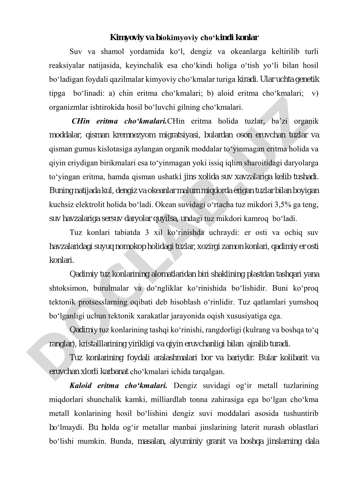 Kimyoviy va biokimyoviy cho'kindi konlar