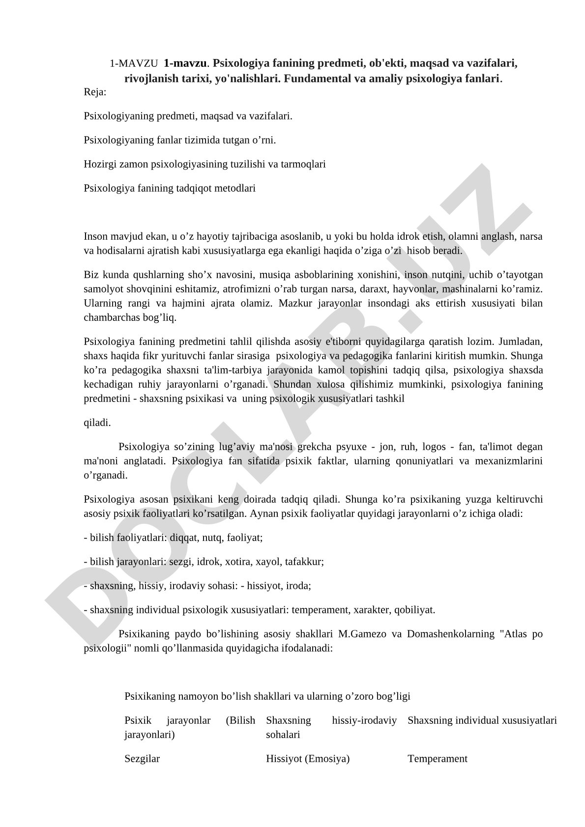 Psixologiya fanining predmeti, ob'ekti, maqsad va vazifalari, rivojlanish tarixi, yo'nalishlari