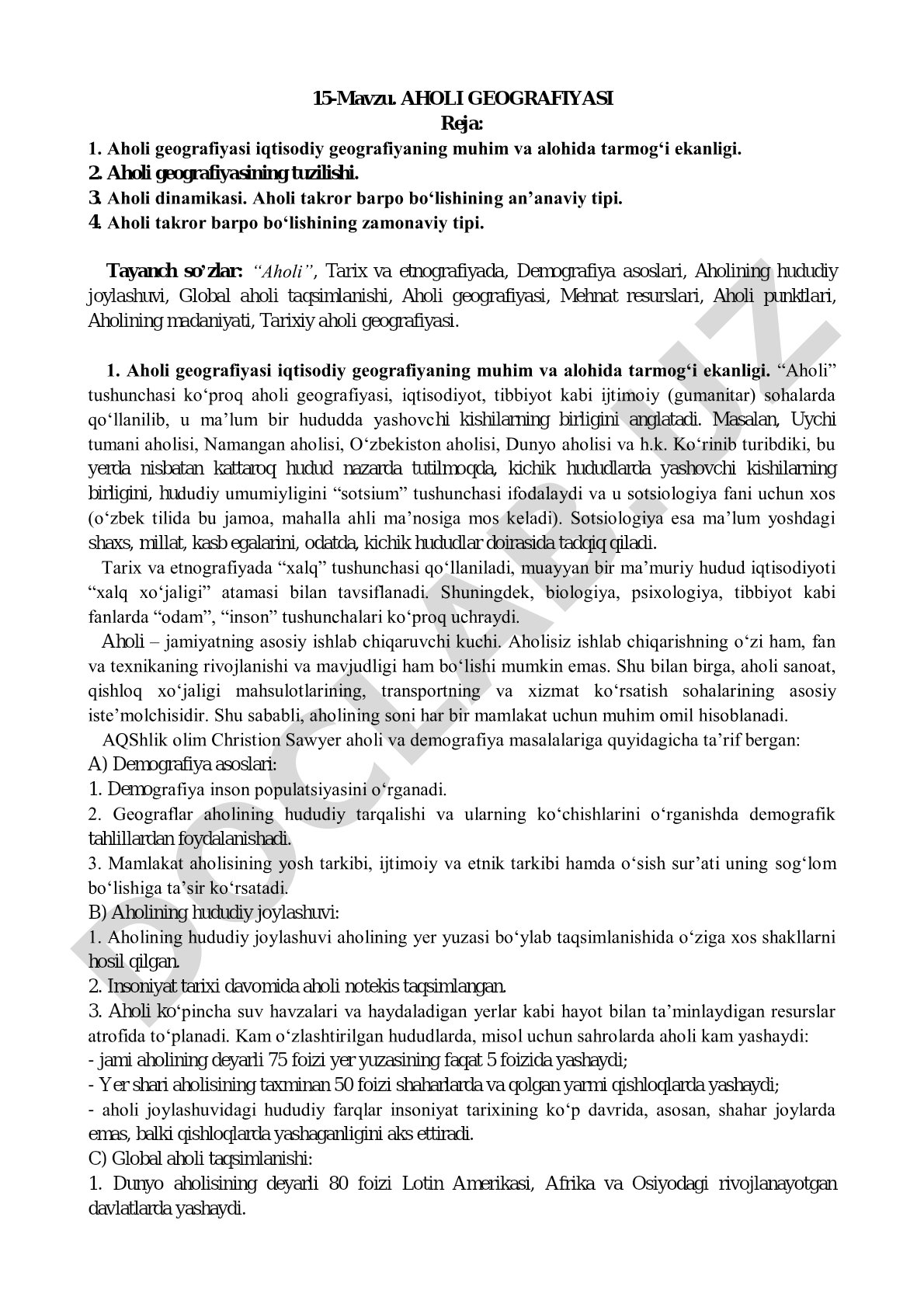 Aholi geografiyasi fani, uning tuzilishi, dinamikasi va aholi takror barpo bo'lish