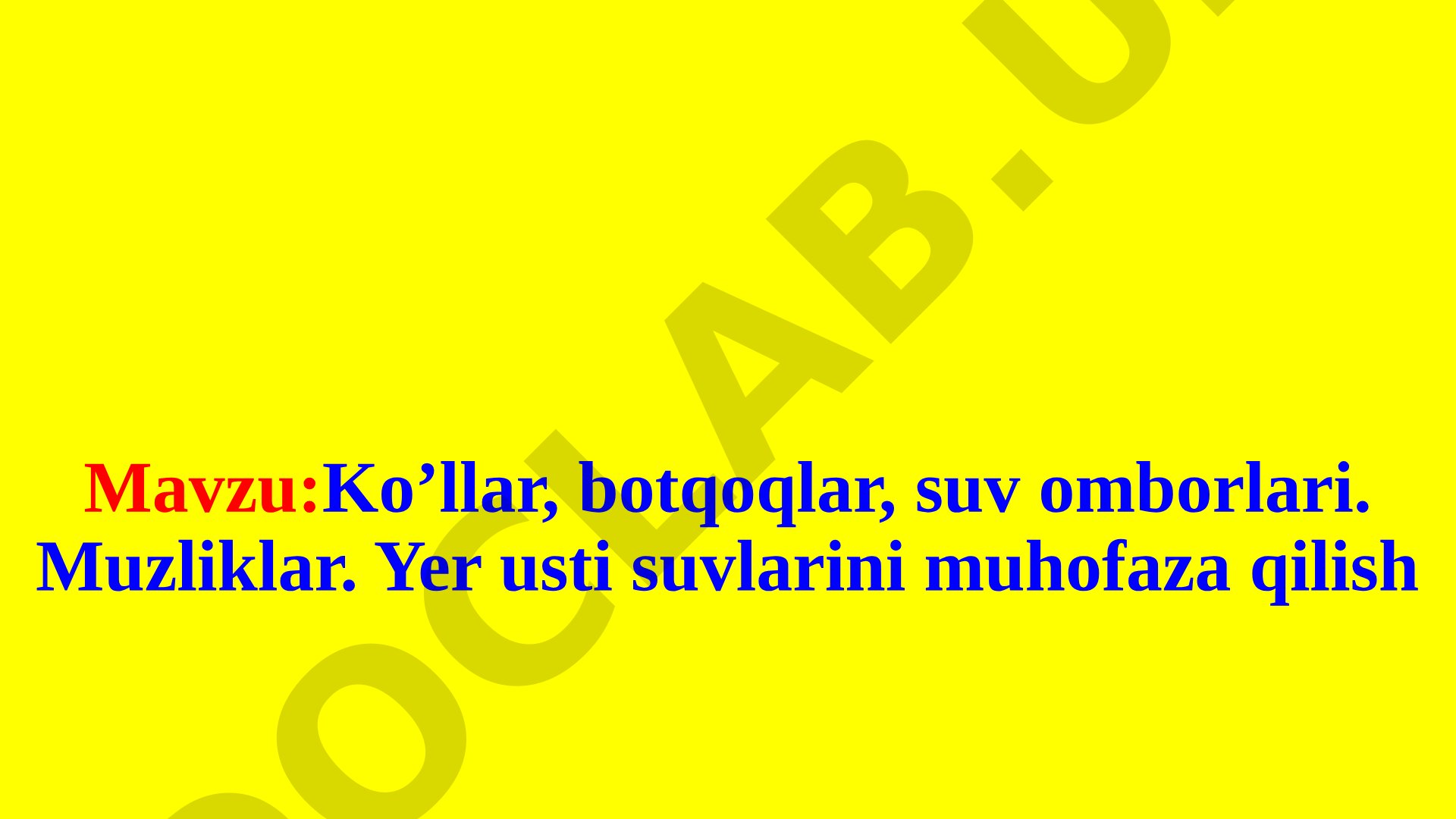 Ko’llar, botqoqlar, suv omborlari. Muzliklar. Yer usti suvlarini muhofaza qilish