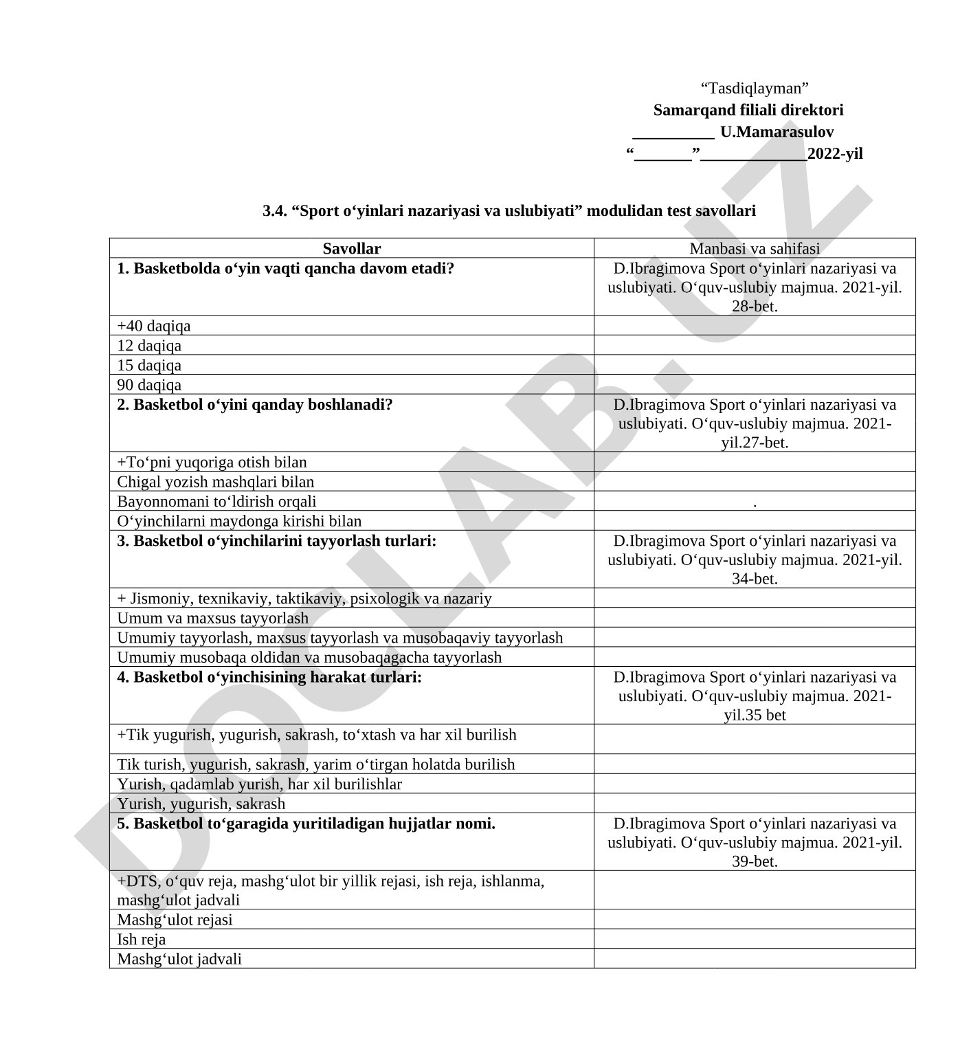 “Sport o‘yinlari nazariyasi va uslubiyati” modulidan test savollari