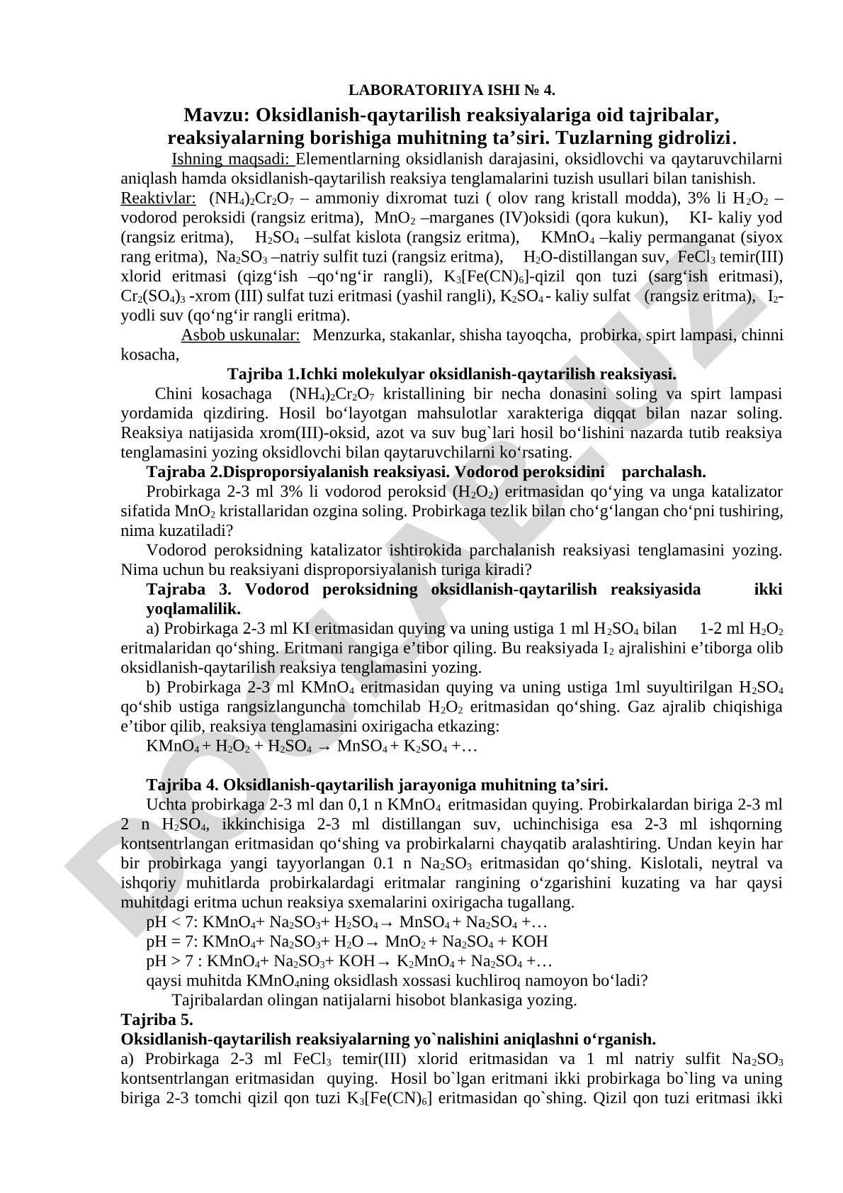 Oksidlanish-qaytarilish reaksiyalariga oid tajribalar, reaksiyalarning borishiga muhitning ta'siri. Tuzlarning gidrolizi