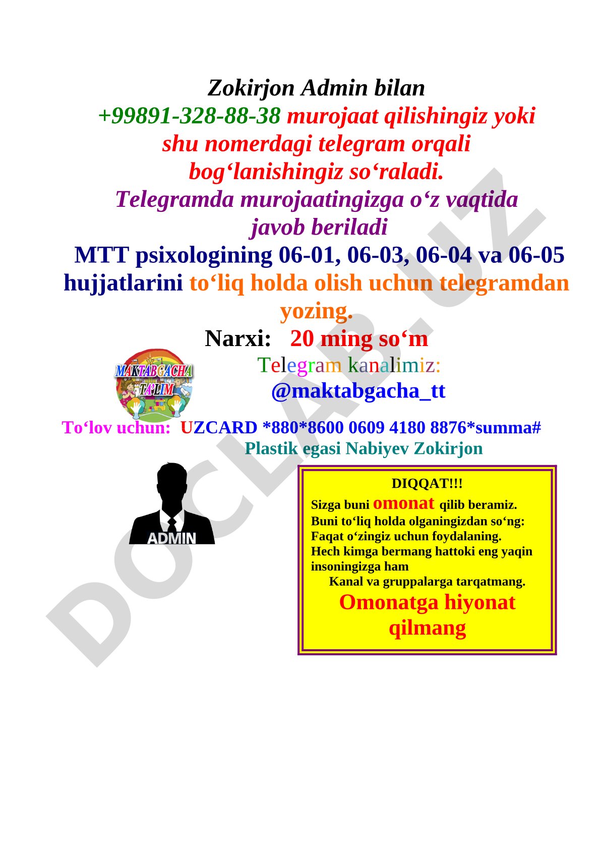 Maktabgacha ta'lim psixologi ishlarini sotish