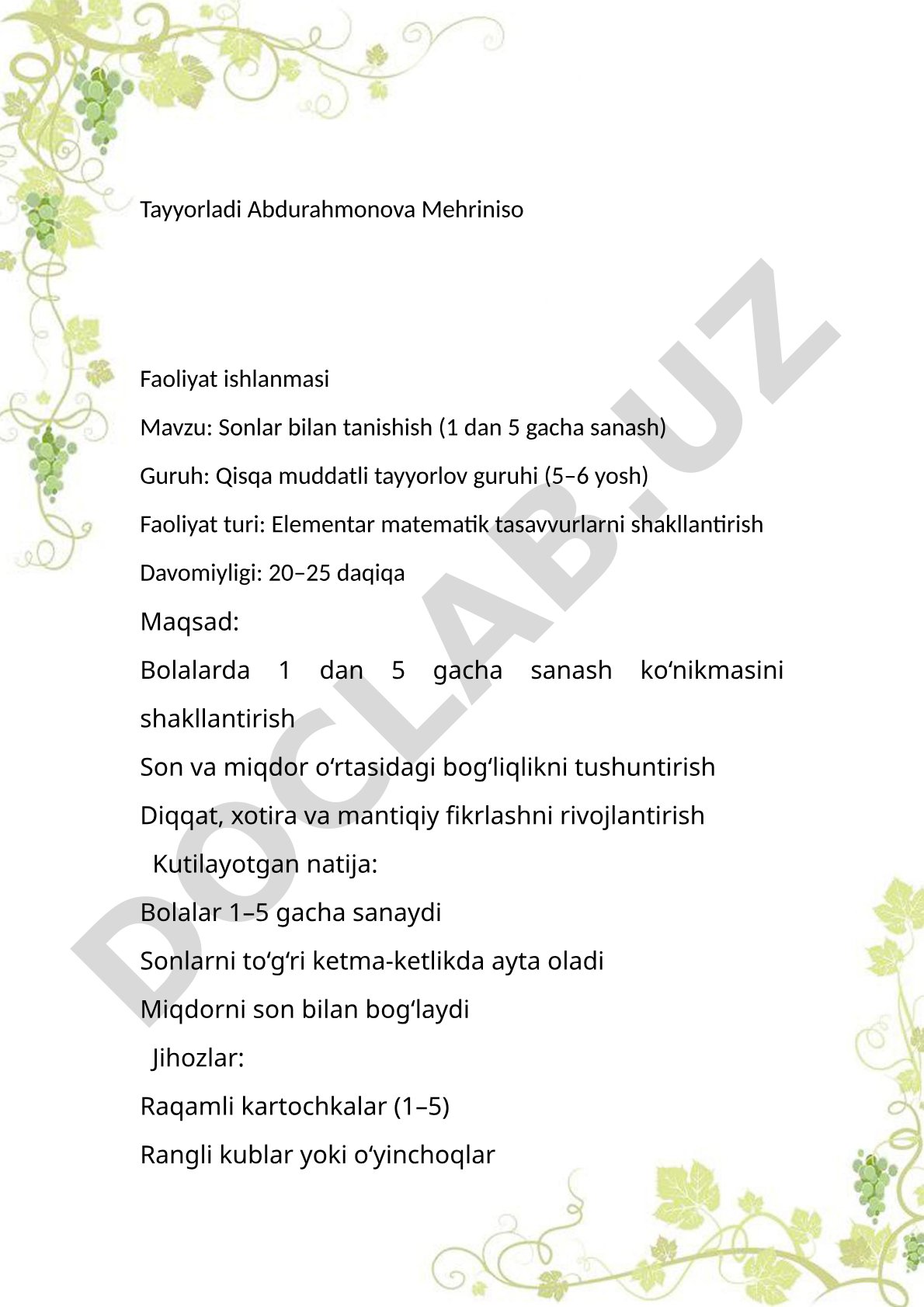 Sonlar bilan tanishish (1 dan 5 gacha sanash)