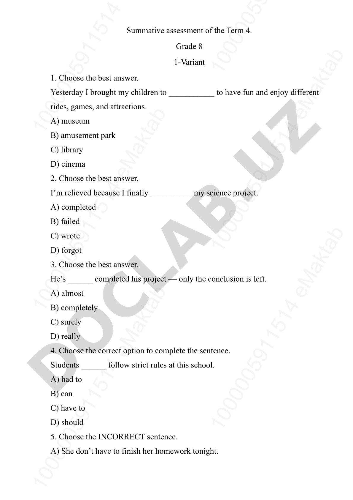 Summative assessment of the Term 4. Grade 8 1-Variant