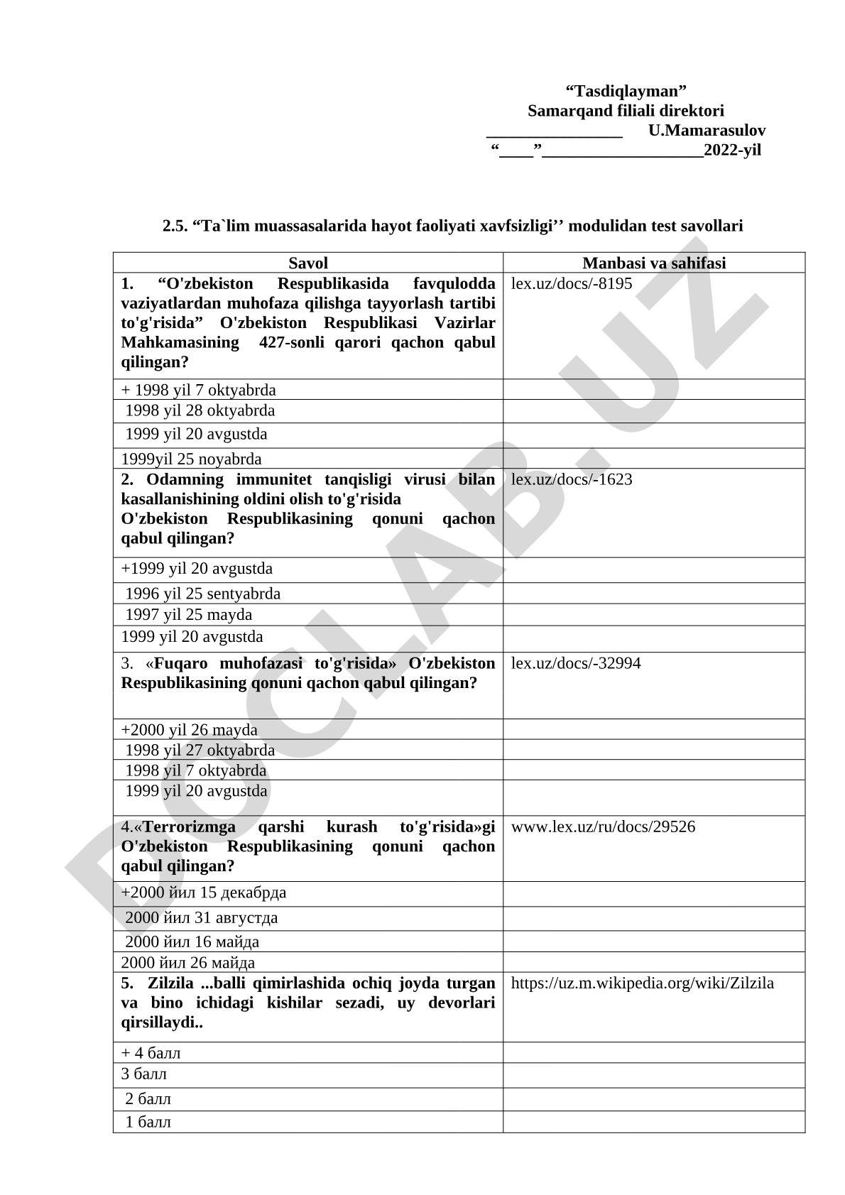 Ta`lim muassasalarida hayot faoliyati xavfsizligi modulidan test savollari