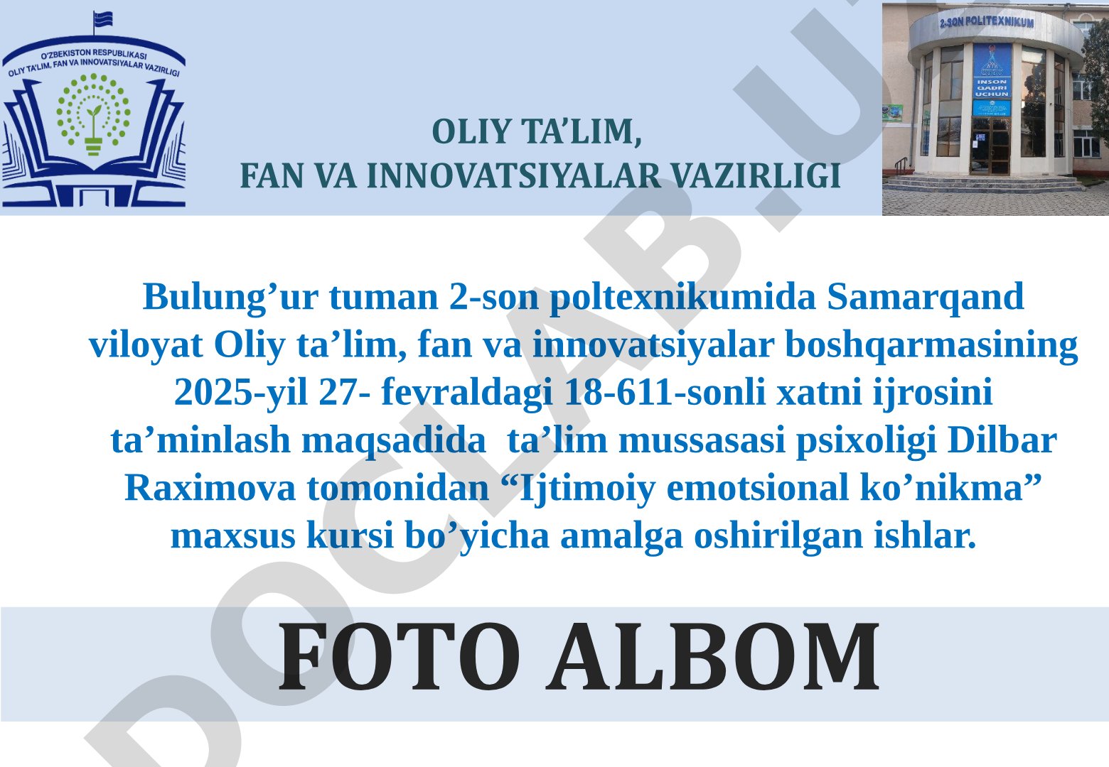 Ijtimoiy emotsional ko'nikma maxsus kursi bo'yicha dars jarayonlari