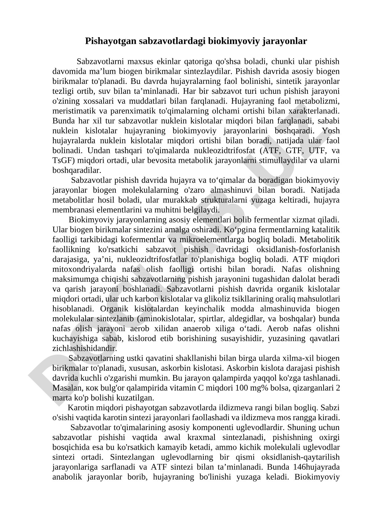 Pishayotgan sabzavotlardagi biokimyoviy jarayonlar