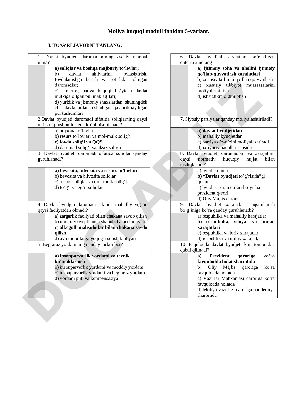 Moliya huquqi moduli fanidan 5-variant