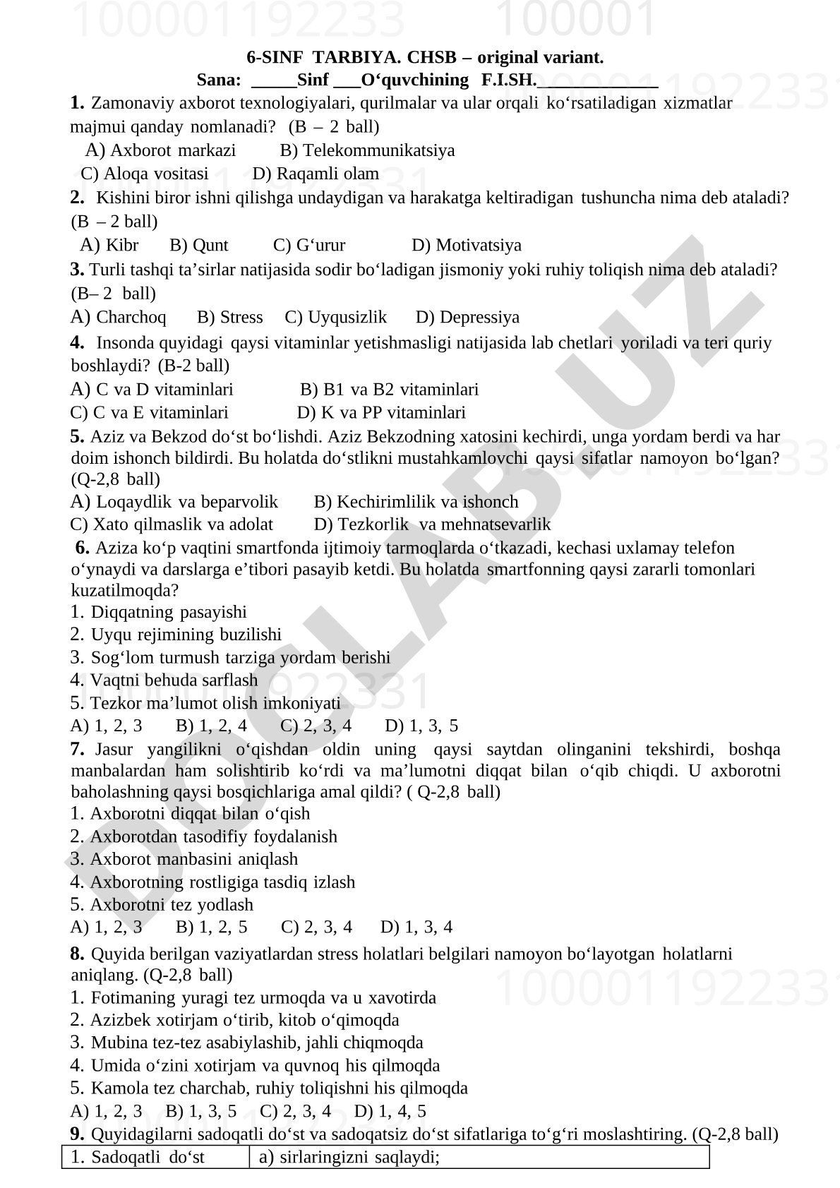 6-sinf Tarbiya fanidan CHSB test savollari