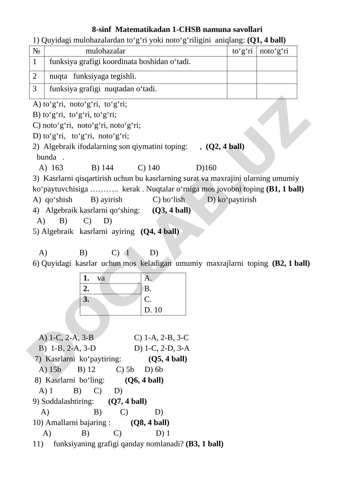 8-sinf Matematikadan 1-CHSB namuna savollari