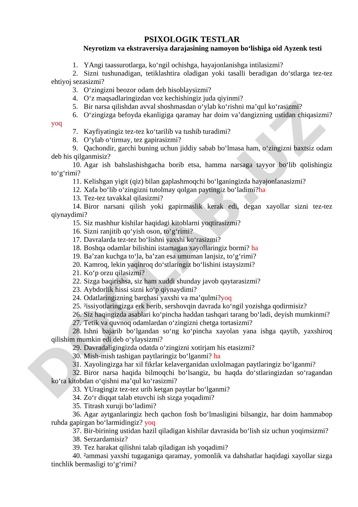Neyrotizm va ekstraversiya darajasining namoyon bo‘lishiga oid Ayzenk testi