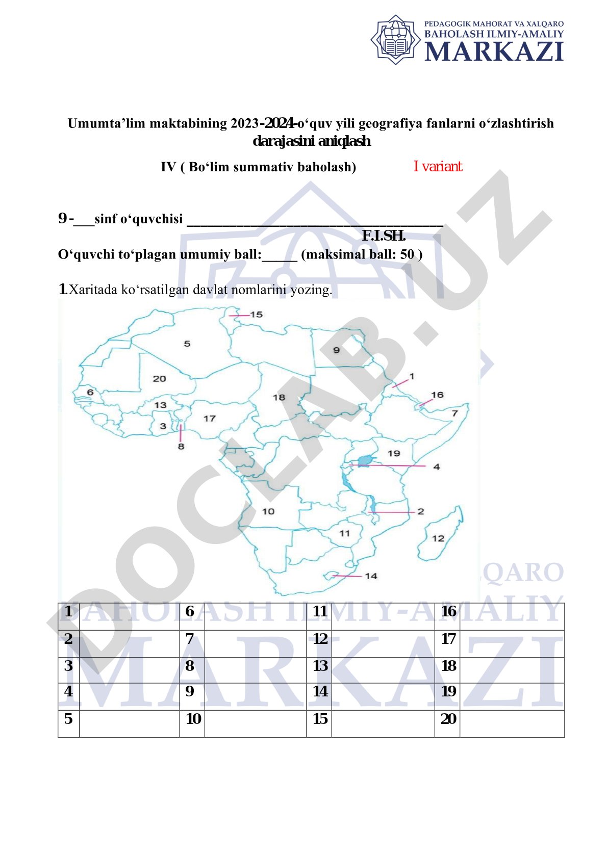 Geografiya fanidan 9-sinf bo'lim summativ baholash testi