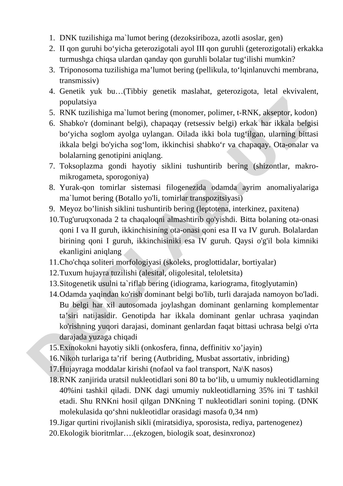 Tibbiy biologiya, genetika va parazitologiya savollari