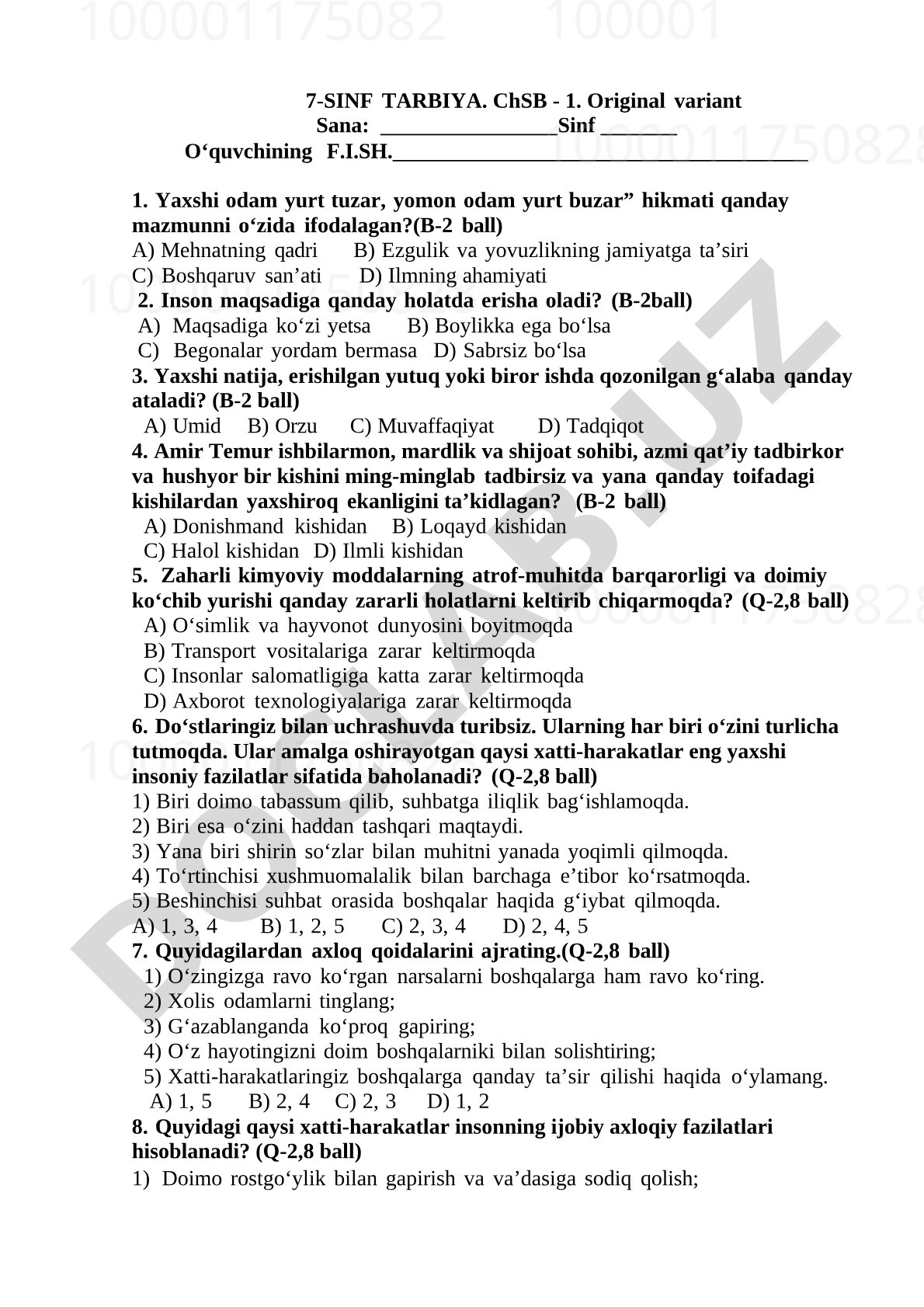 7-sinf tarbiya fanidan ChSB-1 test savollari