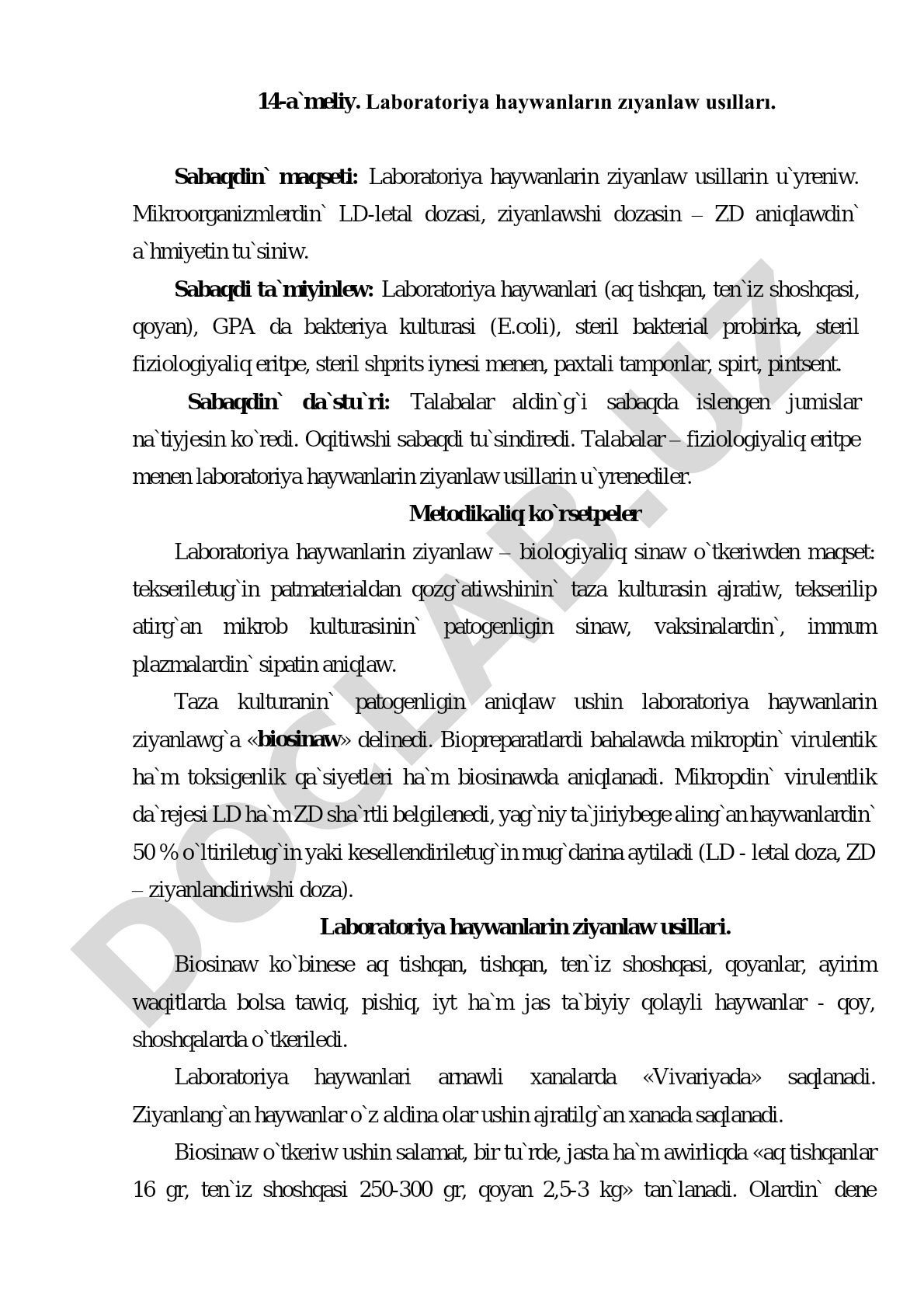 Laboratoriya haywanların zıyanlaw usılları