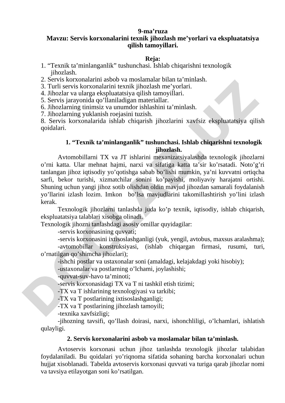Servis korxonalarini texnik jihozlash me'yorlari va ekspluatatsiya qilish tamoyillari