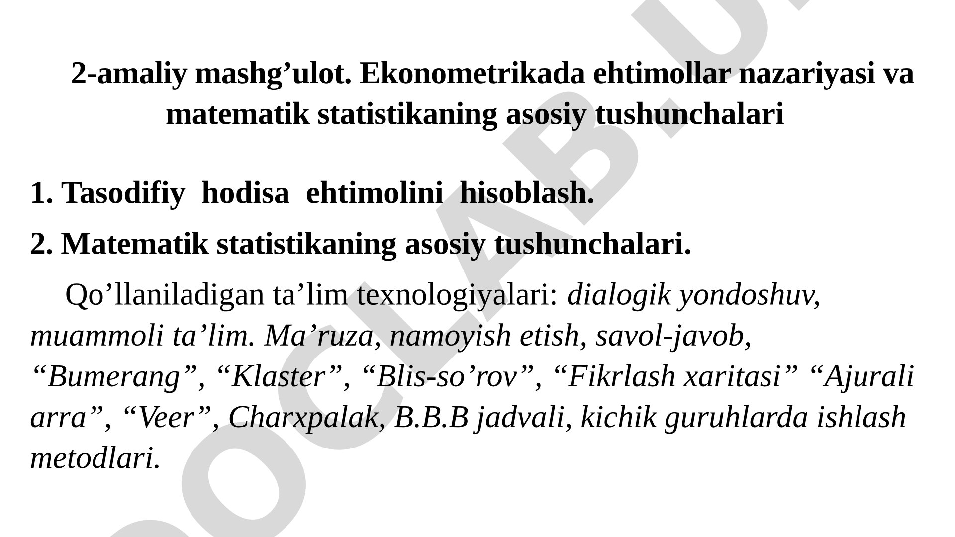 Ekonometrikada ehtimollar nazariyasi va matematik statistikaning asosiy tushunchalari