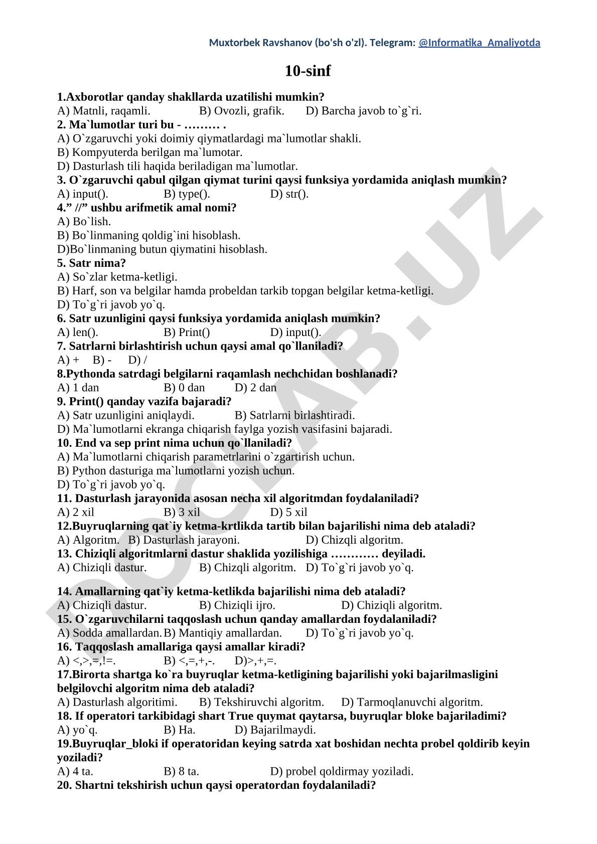10-sinf informatika Python testi
