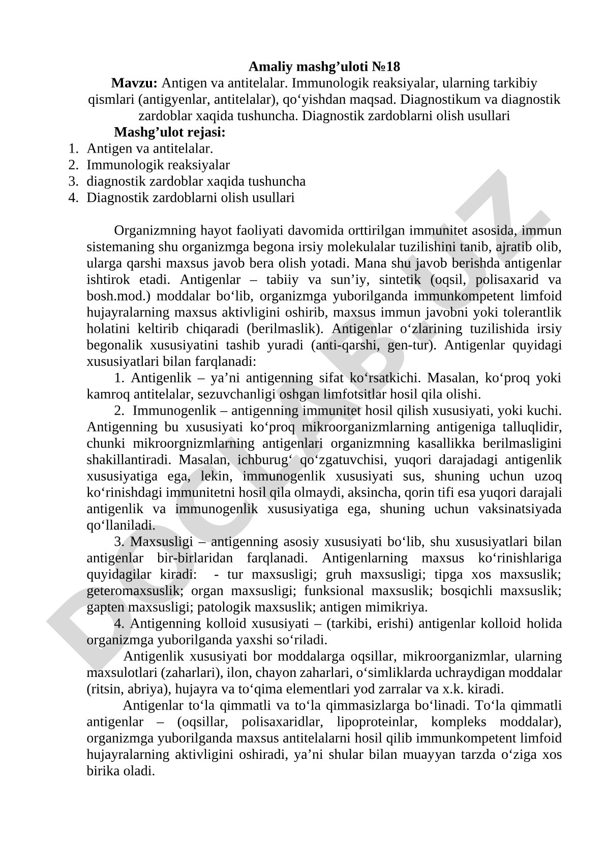 Antigen va antitelalar. Immunologik reaksiyalar, diagnostik zardoblar