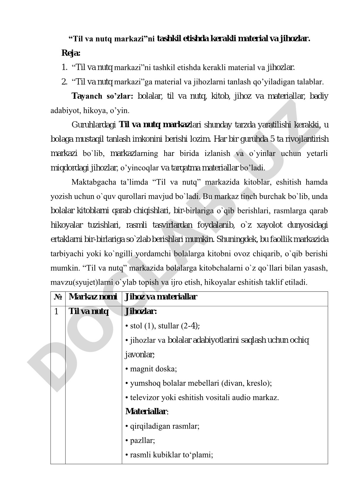 “Til va nutq markazi”ni tashkil etishda kerakli material va jihozlar