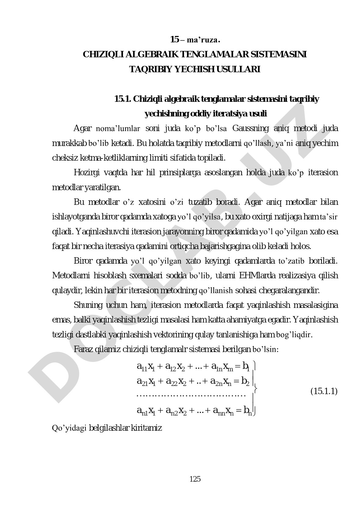 Chiziqli algebraik tenglamalar sistemasini taqribiy yechish usullari