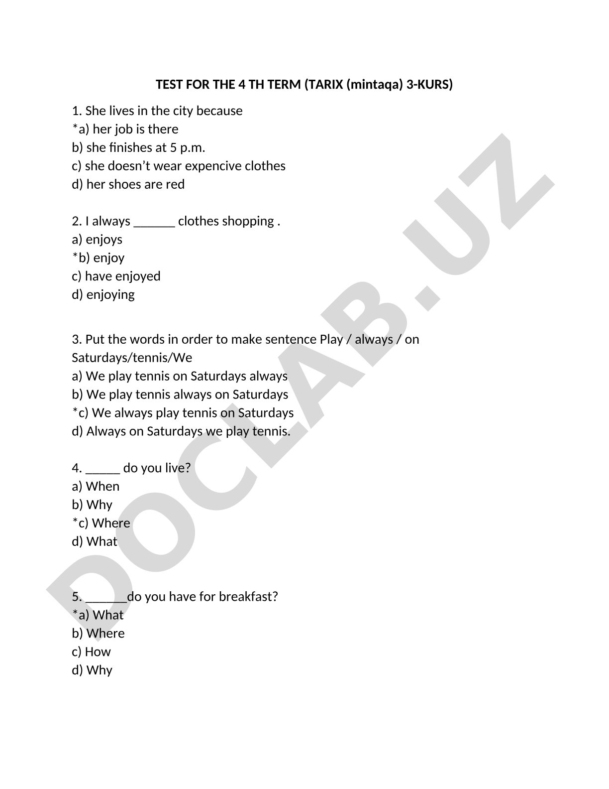 TEST FOR THE 4 TH TERM (TARIX (mintaqa) 3-KURS)