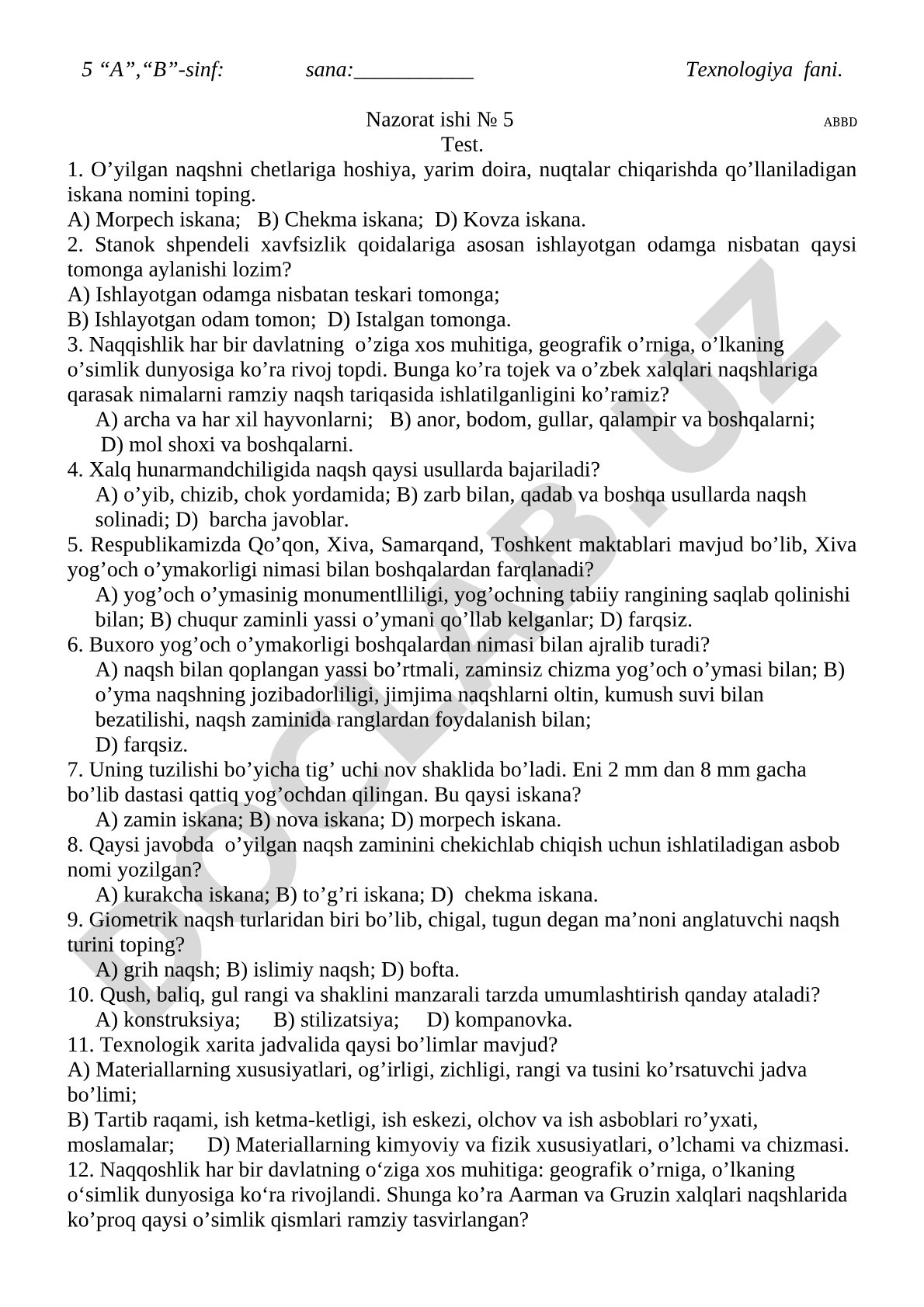 Texnologiya fanidan nazorat ishi №5 test