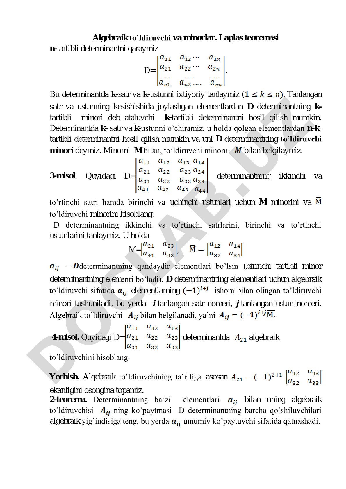 Algebraik to'ldiruvchi va minorlar. Laplas teoremasi