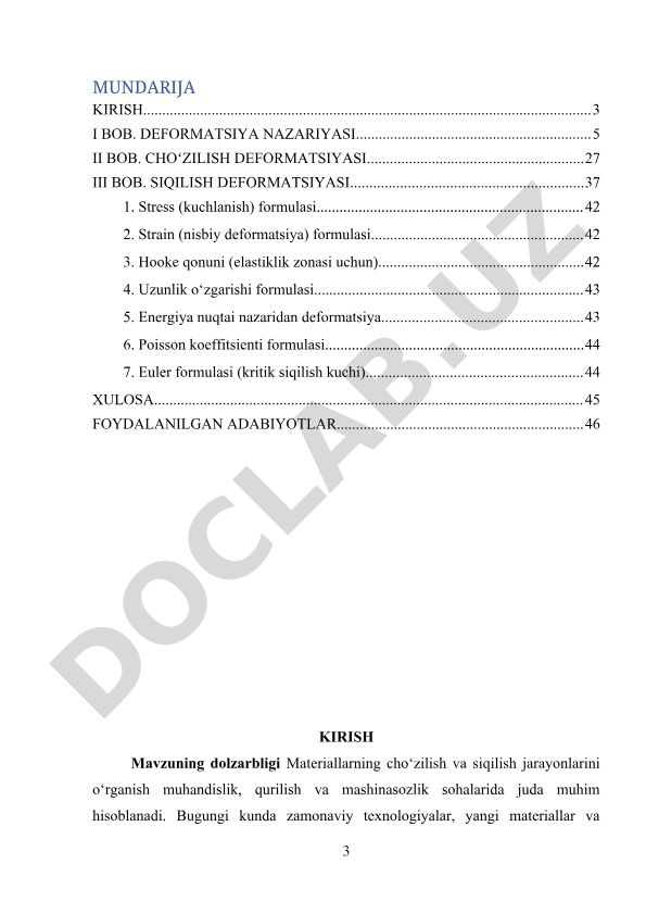 Deformatsiya nazariyasi: choʻzilish va siqilish jarayonlari