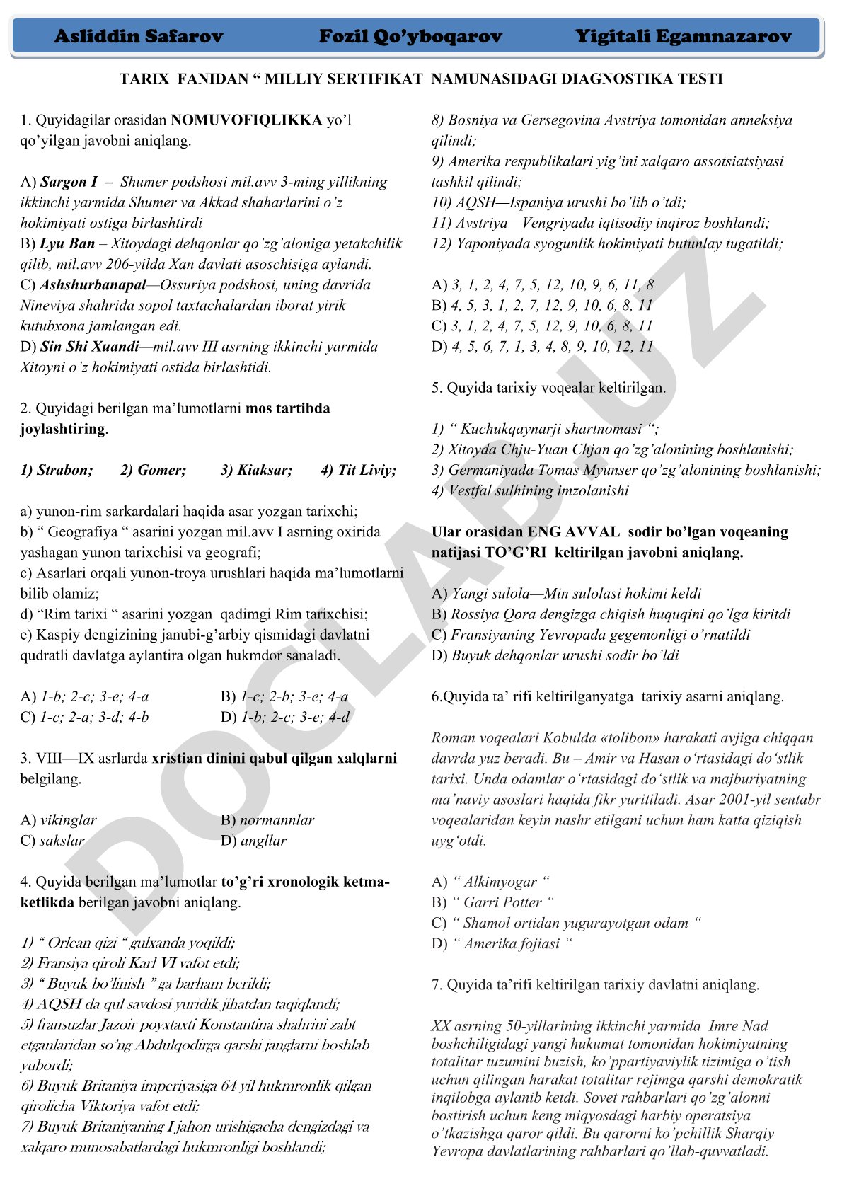 Tarix fanidan milliy sertifikat namunasidagi diagnostika testi