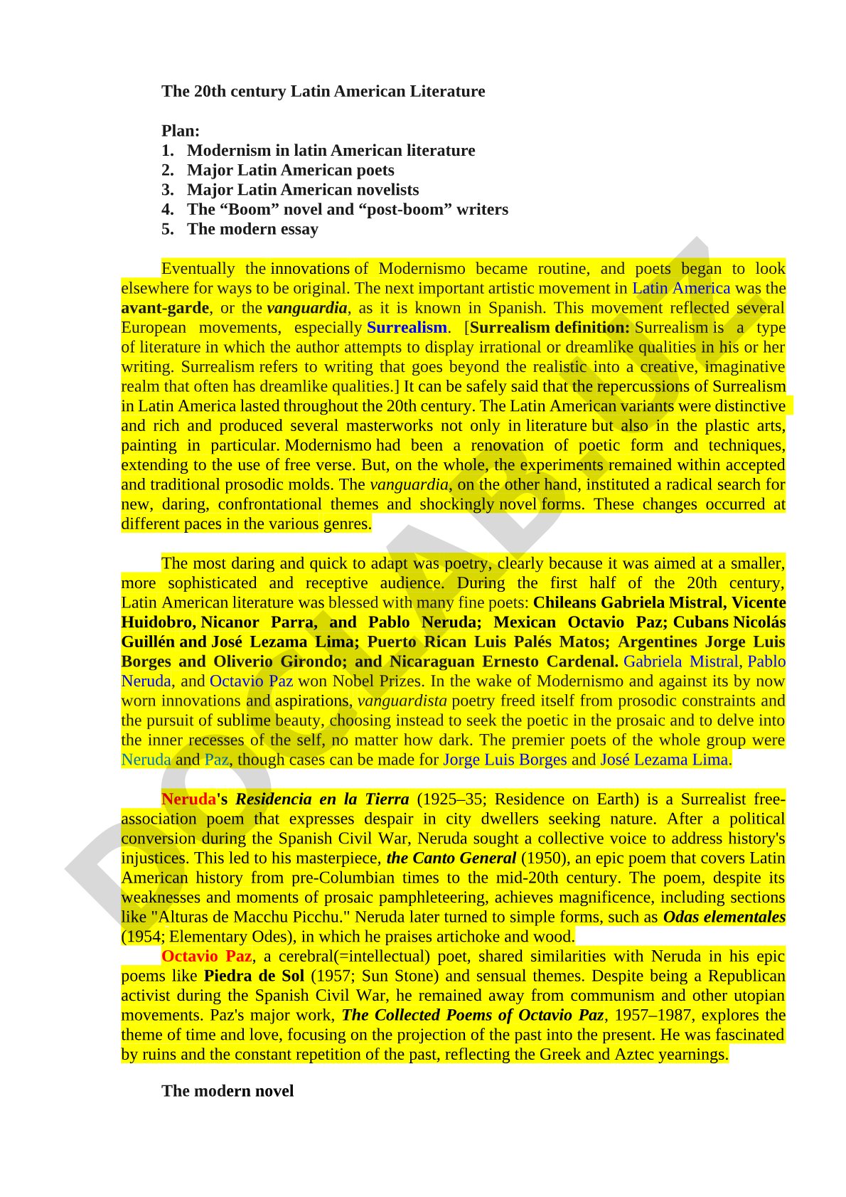 The 20th century Latin American Literature Plan