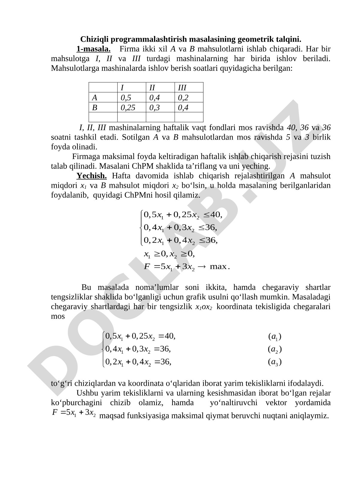 Chiziqli programmalashtirish masalasining geometrik talqini