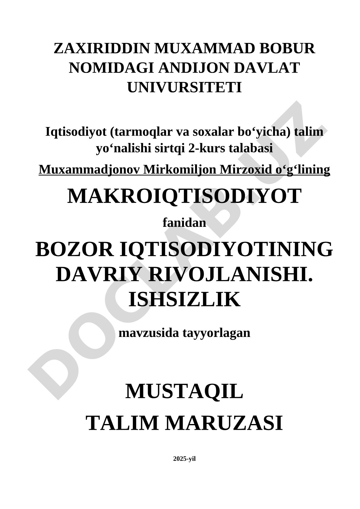 Bozor iqtisodiyotining davriy rivojlanishi. Ishsizlik
