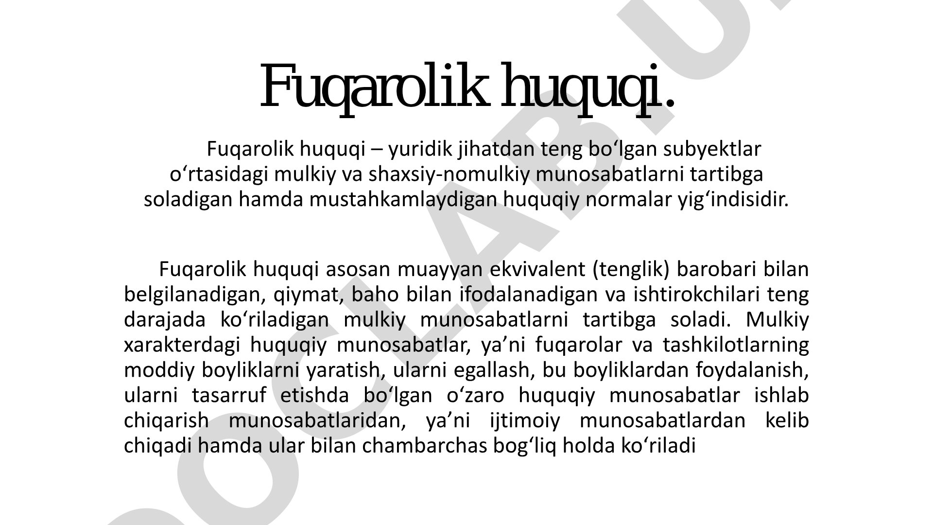 Fuqarolik huquqi: tushunchasi va mulkiy hamda nomulkiy munosabatlar