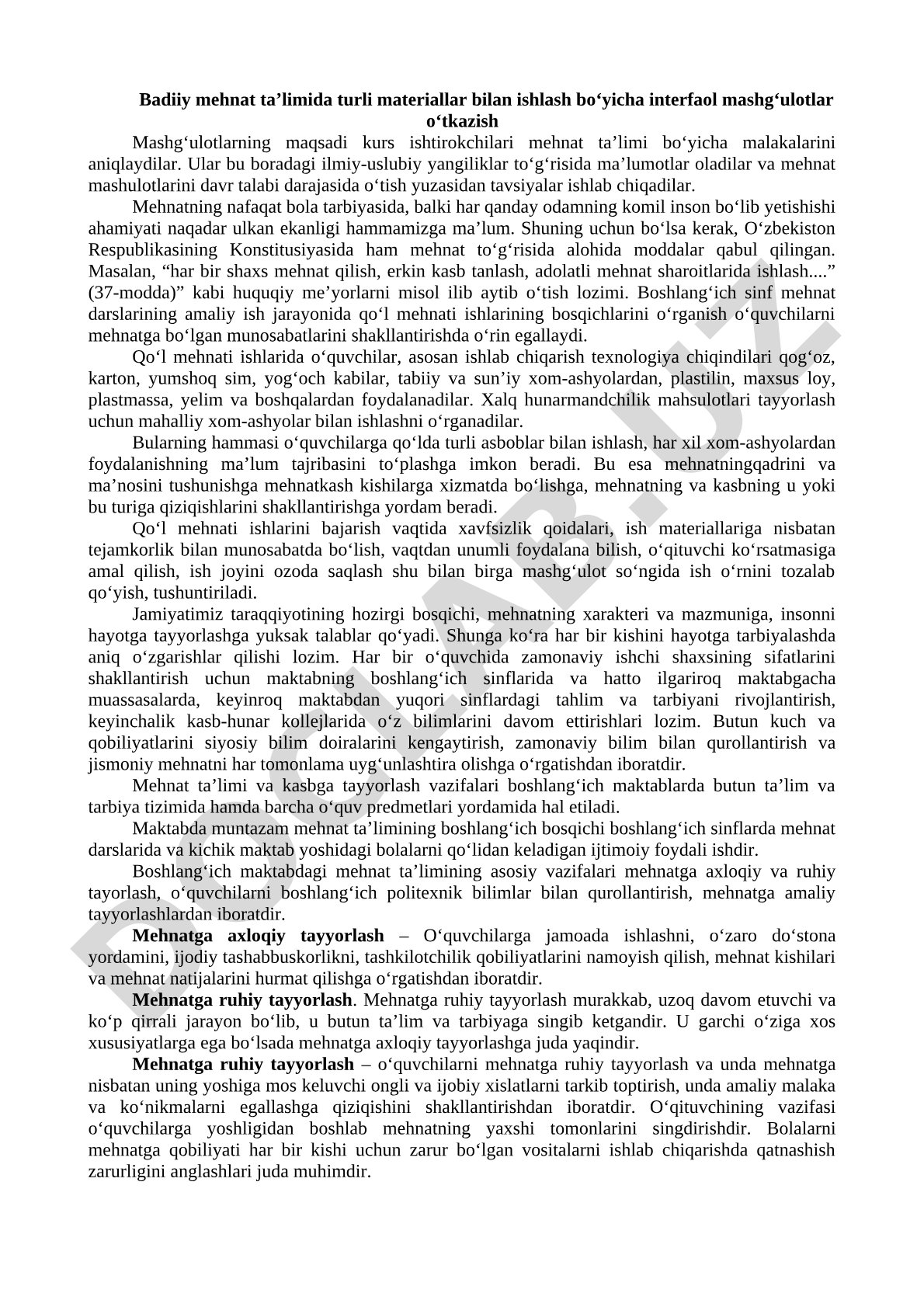 Badiiy mehnat ta’limida turli materiallar bilan ishlash bo‘yicha interfaol mashg‘ulotlar o‘tkazish
